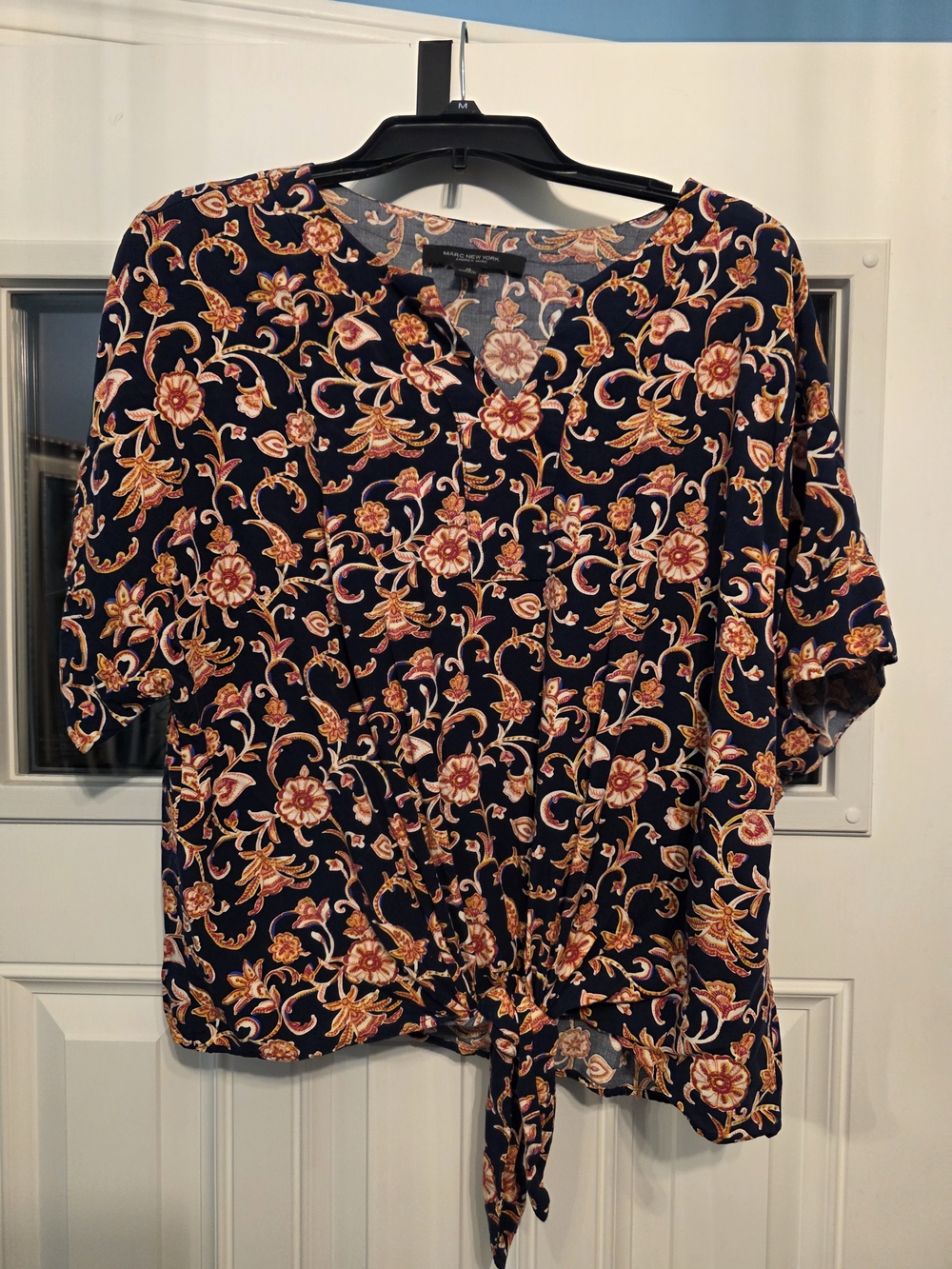 Andrew Marc New York Floral Tie-Front Short Sleeve Top - Navy